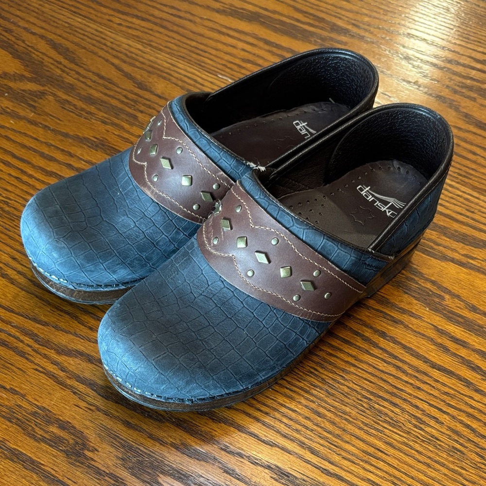 Dansko Crocodile Pattern Blue and Brown Clogs